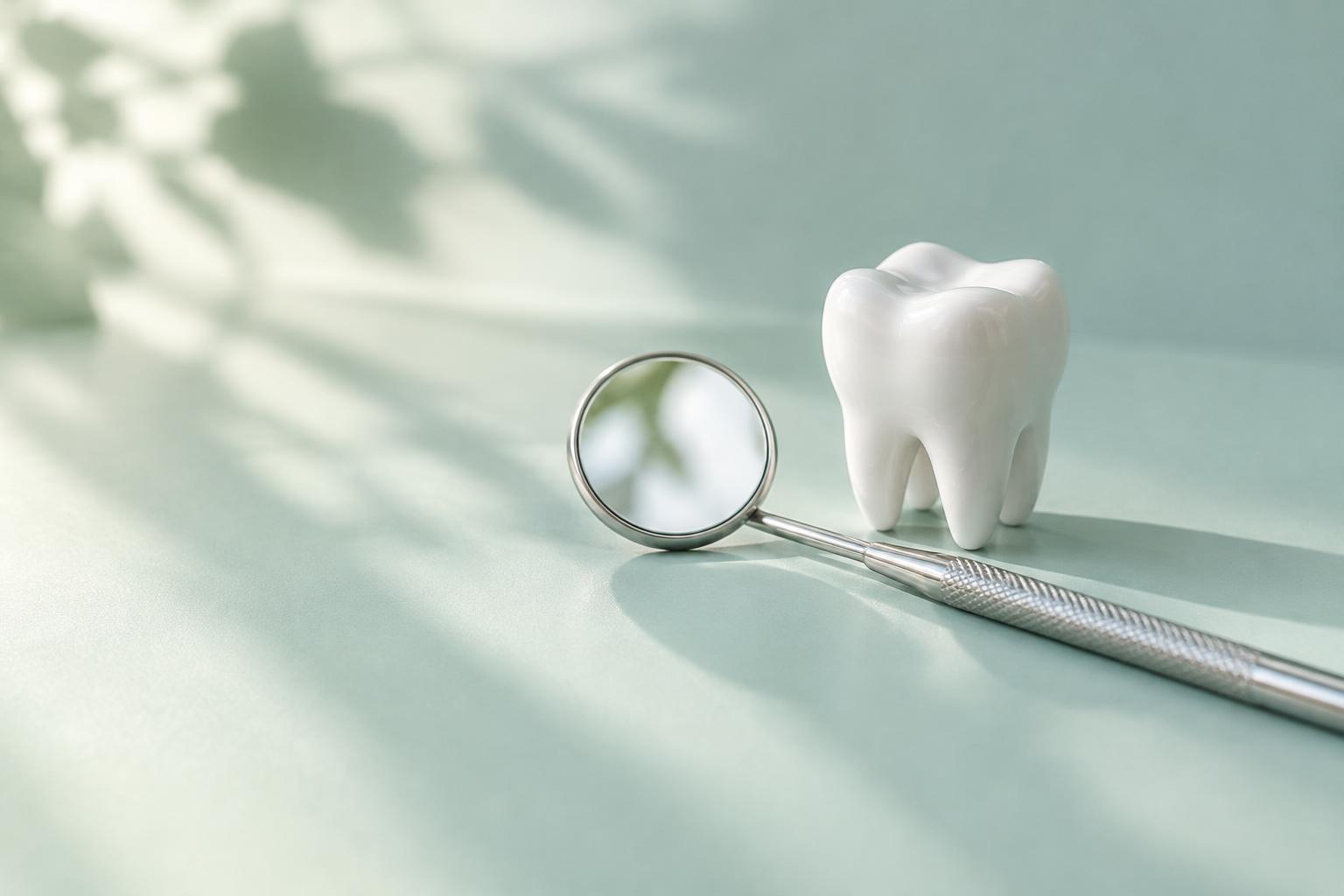 Nature morte illustrant les soins dentaires : miroir et modèle de dent